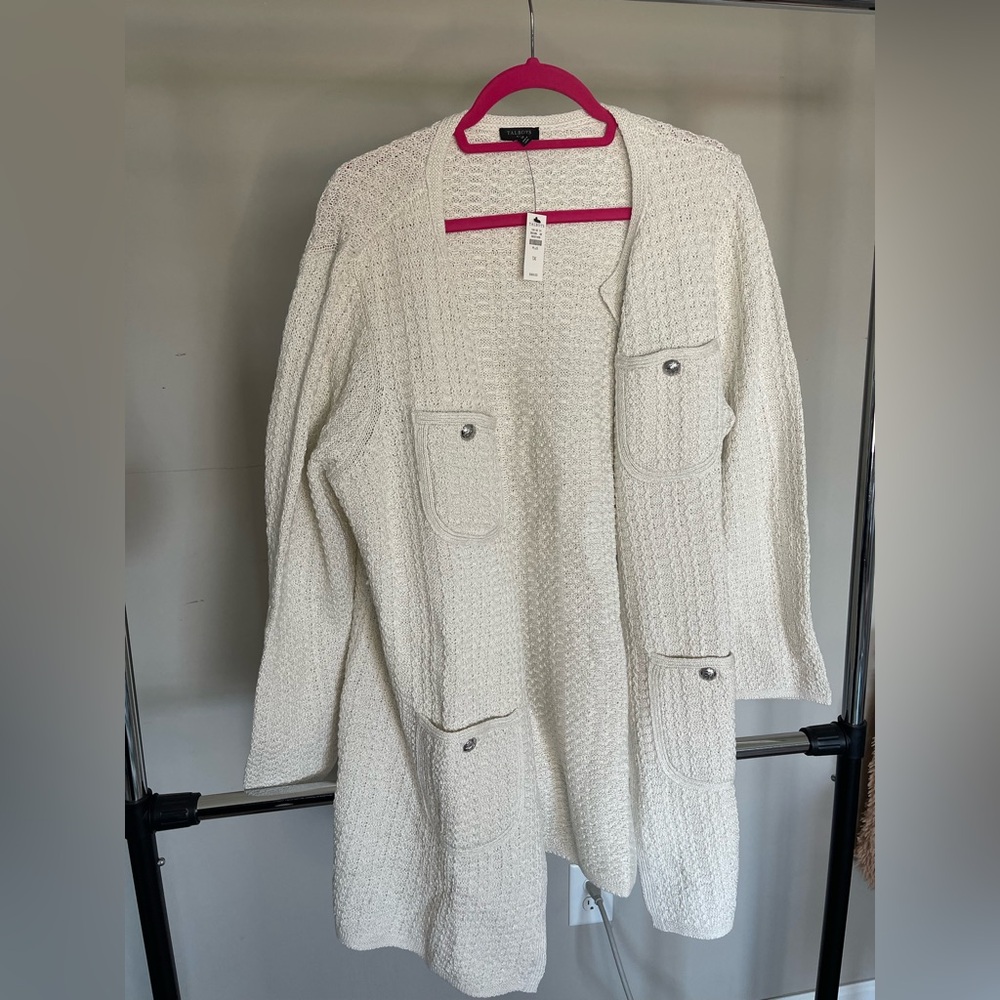 Talbots Ivory Textured Long Cardigan with Buttoned Pockets